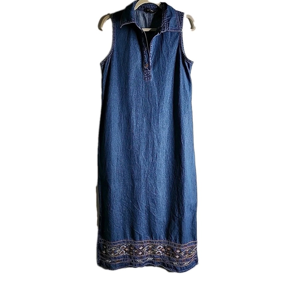 Agapo Womens Blue Denim Sleeveless Embroidered Hem Maxi Dress Size L Cotton